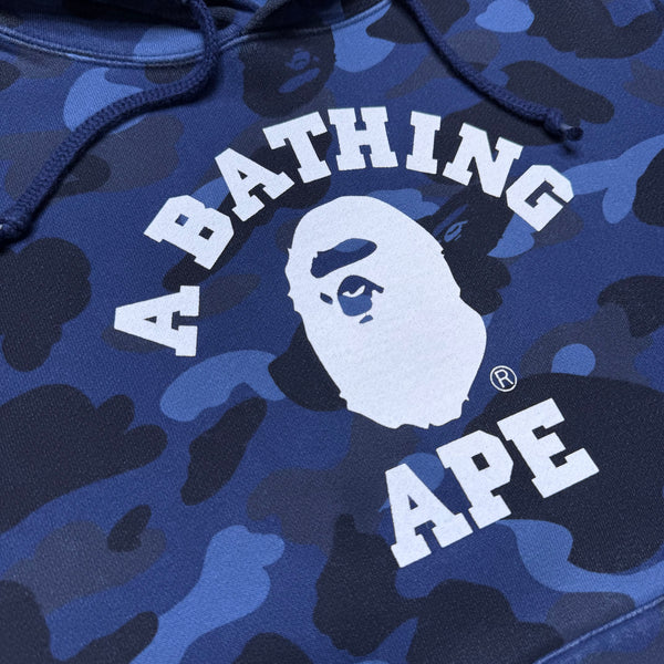 [L] Bape Blue Camo College Logo Hoodie