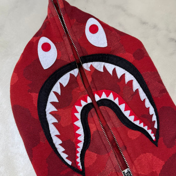 [M] Bape Full Red Jacquard Camo Shark Hoodie