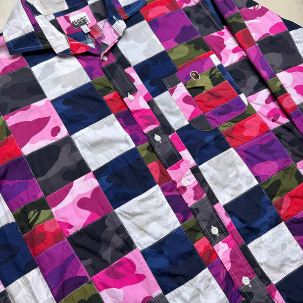 [L] OG Bape Crazy Patchwork Camo Button Up