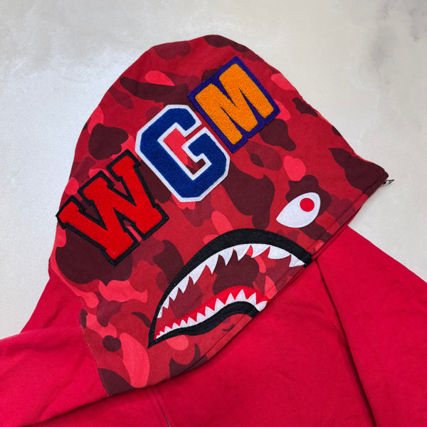 [L] Bape Half Red Camo Full-Zip Shark Hoodie