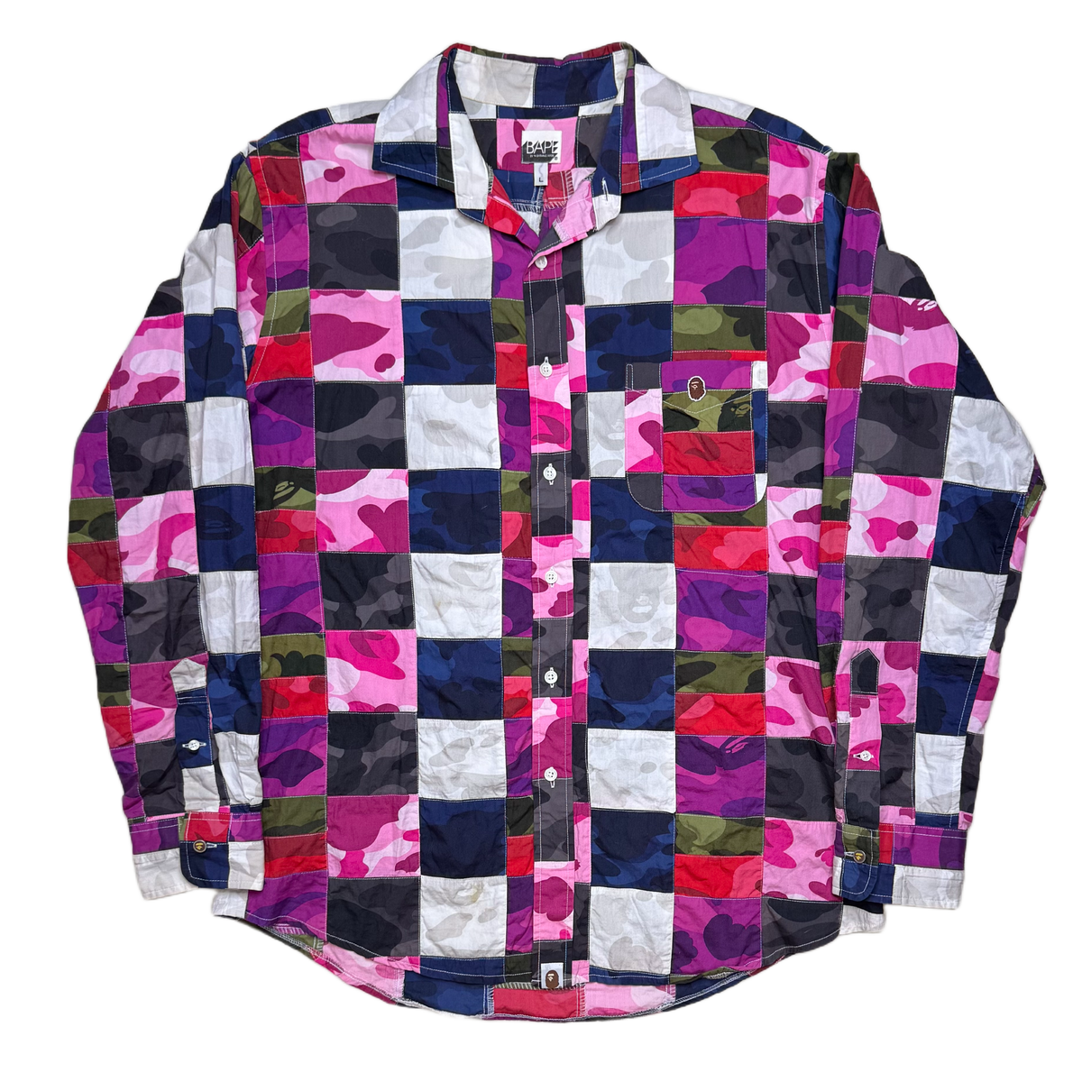 [L] OG Bape Crazy Patchwork Camo Button Up