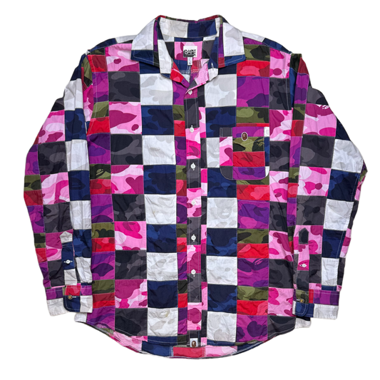 [L] OG Bape Crazy Patchwork Camo Button Up