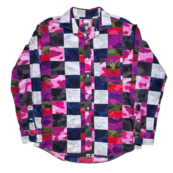 [L] OG Bape Crazy Patchwork Camo Button Up