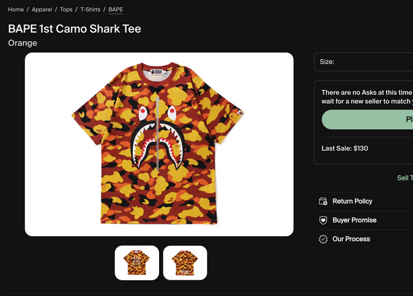 [L] Bape Orange 1st Camo Shark Tee