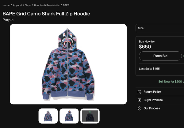 [L] Bape Purple Grid Camo Shark Hoodie