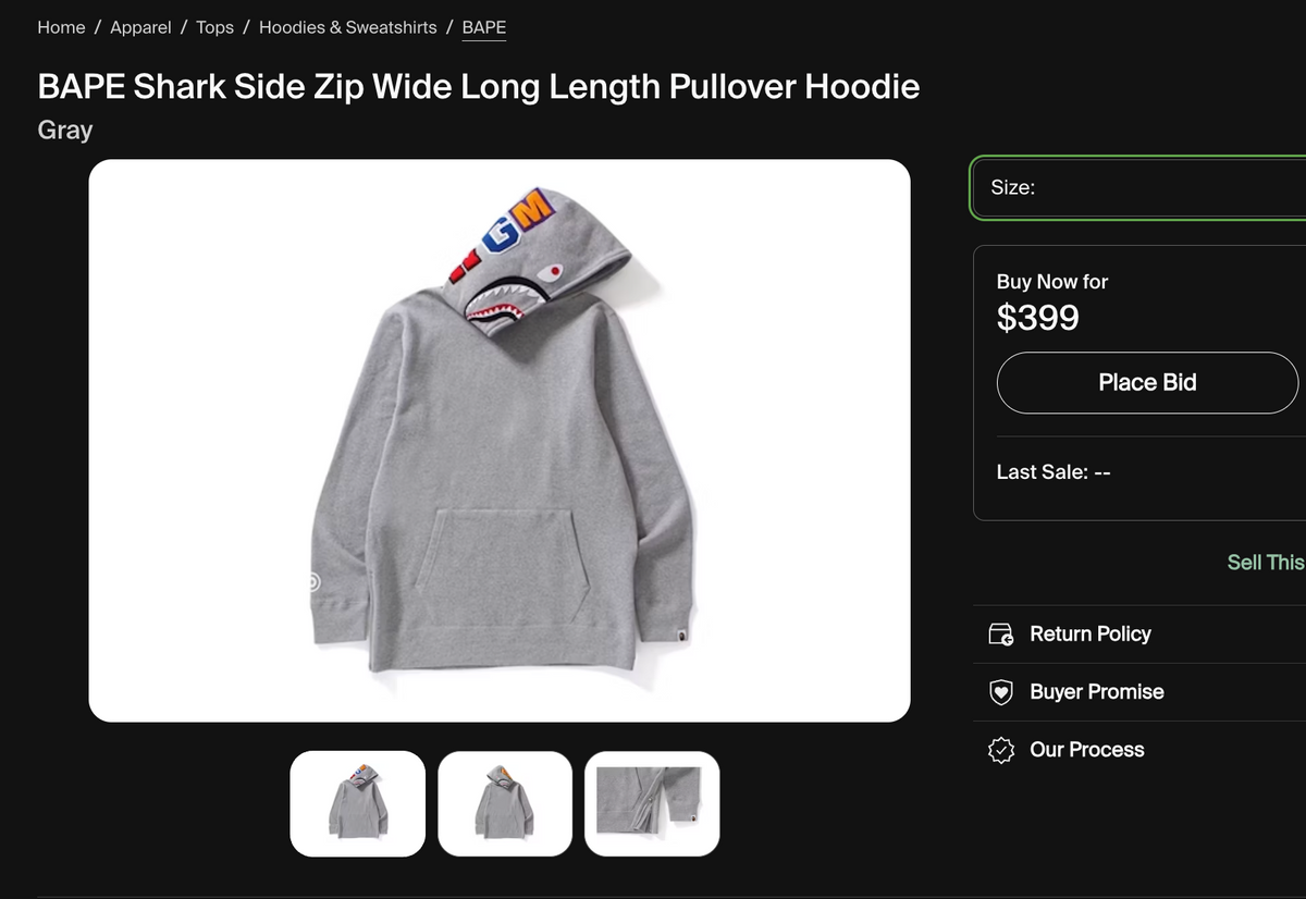 [L] Bape Side-Zip Shark Hoodie