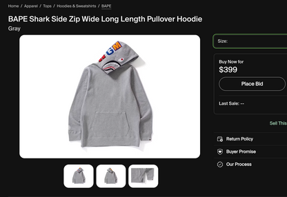 [L] Bape Side-Zip Shark Hoodie