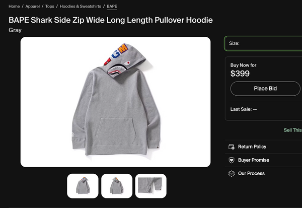 [L] Bape Side-Zip Shark Hoodie