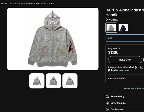 [L] Bape x Alpha Industries Collab Shark Hoodie