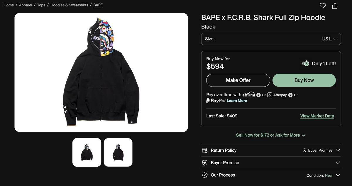 [L] Bape x FCR Bristol Collab Shark Hoodie