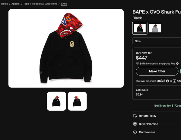 [L] Bape x OVO Collab Shark Hoodie