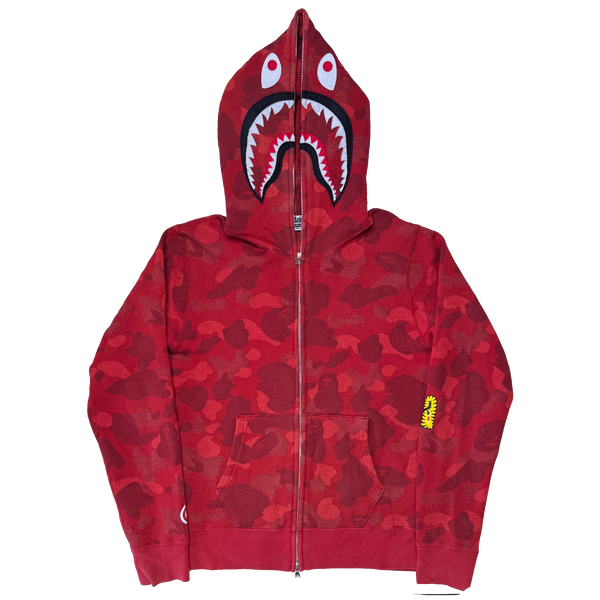 [M] Bape Full Red Jacquard Camo Shark Hoodie